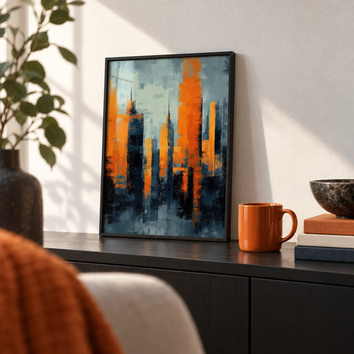 Contemporary Urban Art, a small A4 framed print leaning on a black shelf in a living room