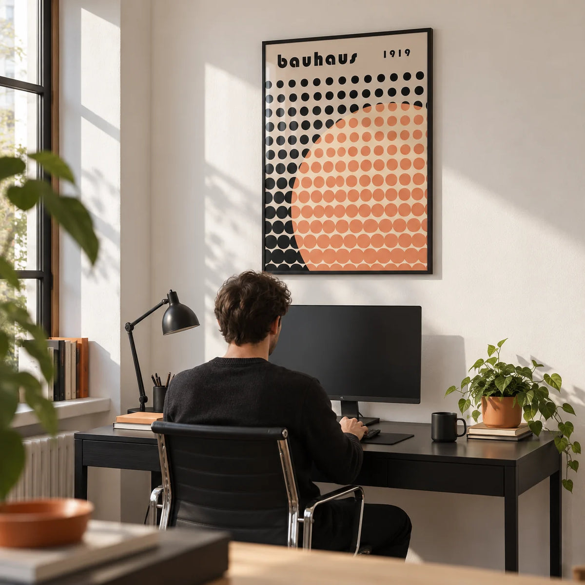 Cool Art Poster, framed on the wall of a crisp home office with a white wall