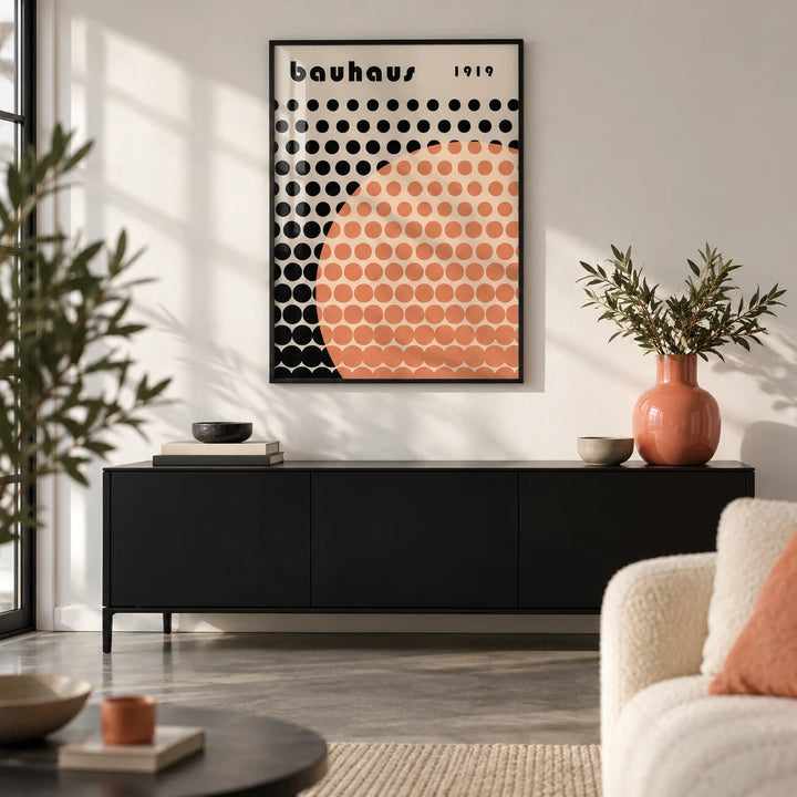 Cool Art Poster, framed on the wall of a design-led city flat with a polished concrete floor and a white wall in a living room