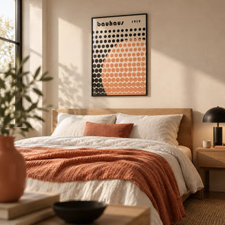 Cool Art Poster, framed on the wall of a modern bedroom with a warm beige wall