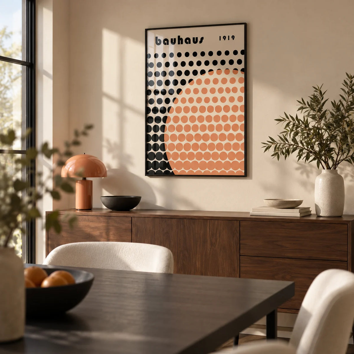 Cool Art Poster, framed on the wall of a modern dining room with a beige wall