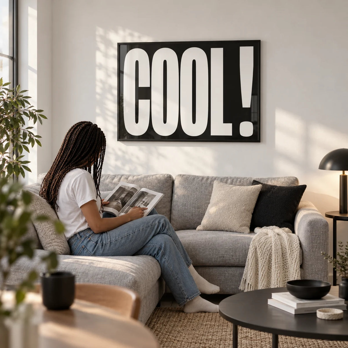 Cool Typography Art, framed on the wall of a first-flat living room (22-28) with a white wall