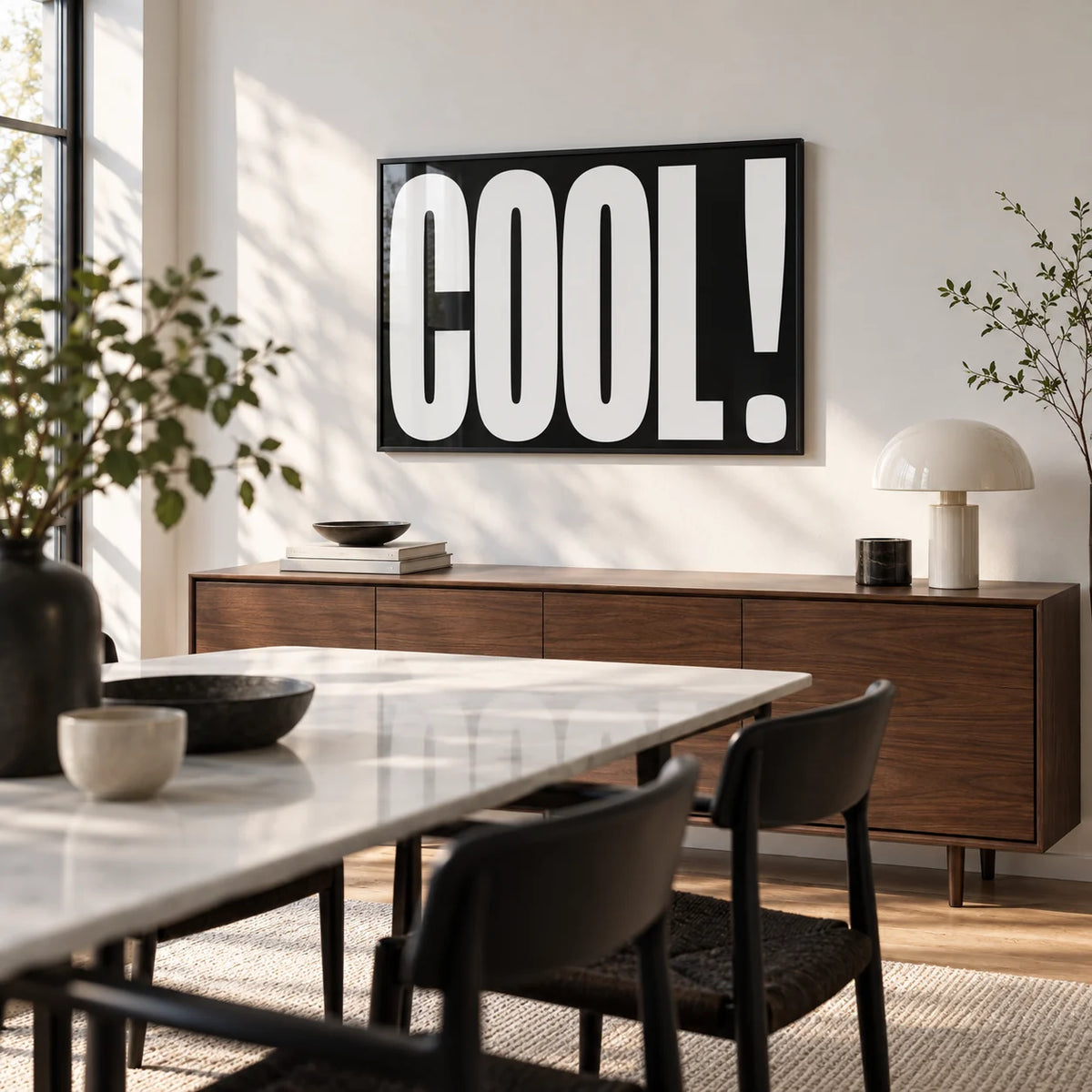 Cool Typography Art, framed on the wall of a modern dining room with a white wall