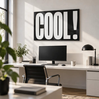 Cool Typography Art, framed on the wall of a modern home office with a white wall