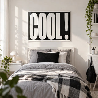 Cool Typography Art, framed on the wall of a modern single bedroom for a teenage girl (13-17) with a white wall