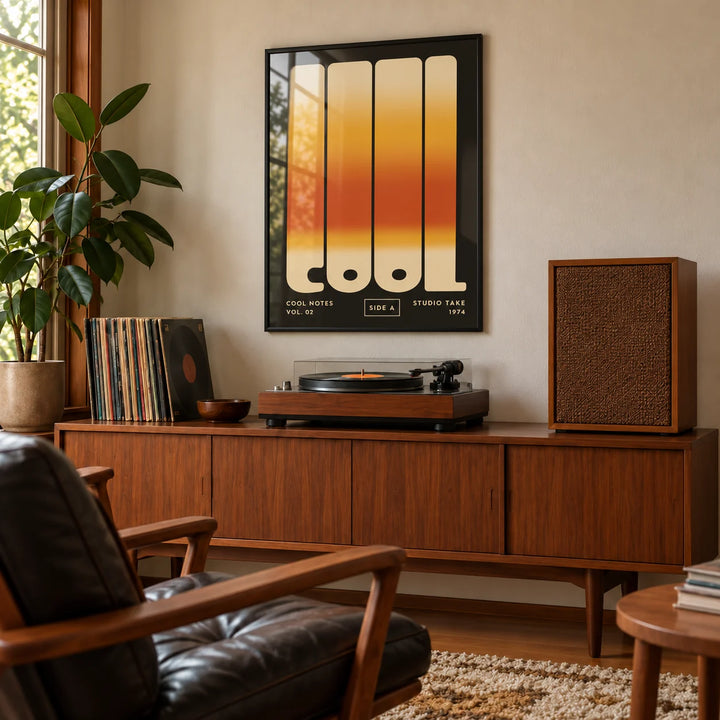 Cool Typography Art, framed on the wall of a retro music room with a walnut sideboard in a living room