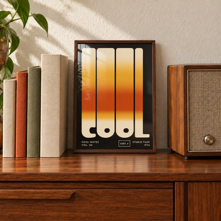 Cool Typography Art, a small A4 framed print leaning on a walnut sideboard in a living room