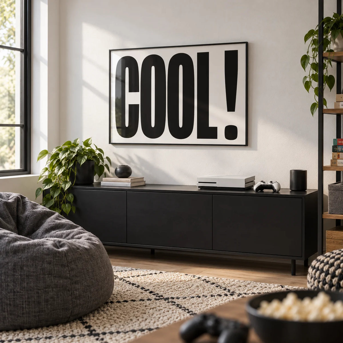 Cool Typography Poster, framed on the wall of a family games room with a white wall in a hallway