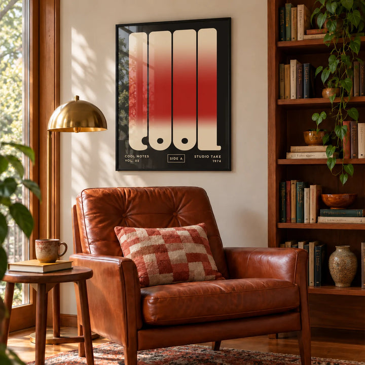 Cool Typography Poster, framed on the wall of a reading room with a leather armchair in a living room