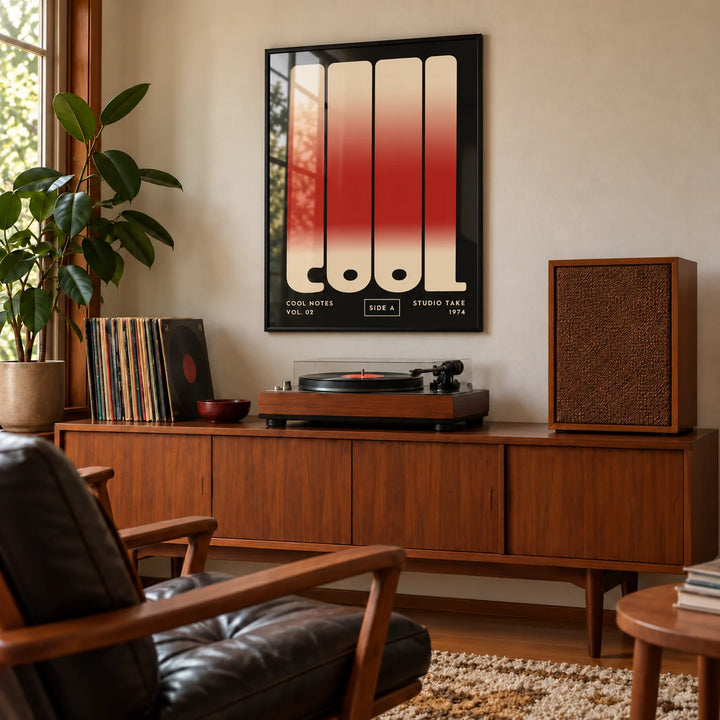 Cool Typography Poster, framed on the wall of a retro music room with a walnut sideboard in a living room