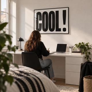 Cool Typography Poster, framed on the wall of an uni room (18-21) with a white wall in a bedroom