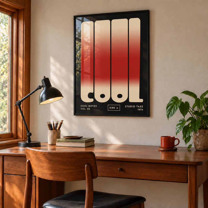 Cool Typography Poster, framed on the wall of a vintage study with a walnut desk