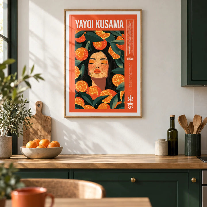 Cool Wall Art, framed on the wall of a modern kitchen with dark green cabinets and a white wall