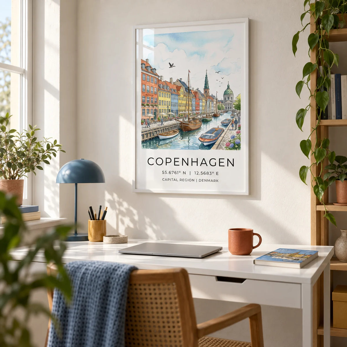 Copenhagen Canal Wall Art, framed on the wall of a bright home office