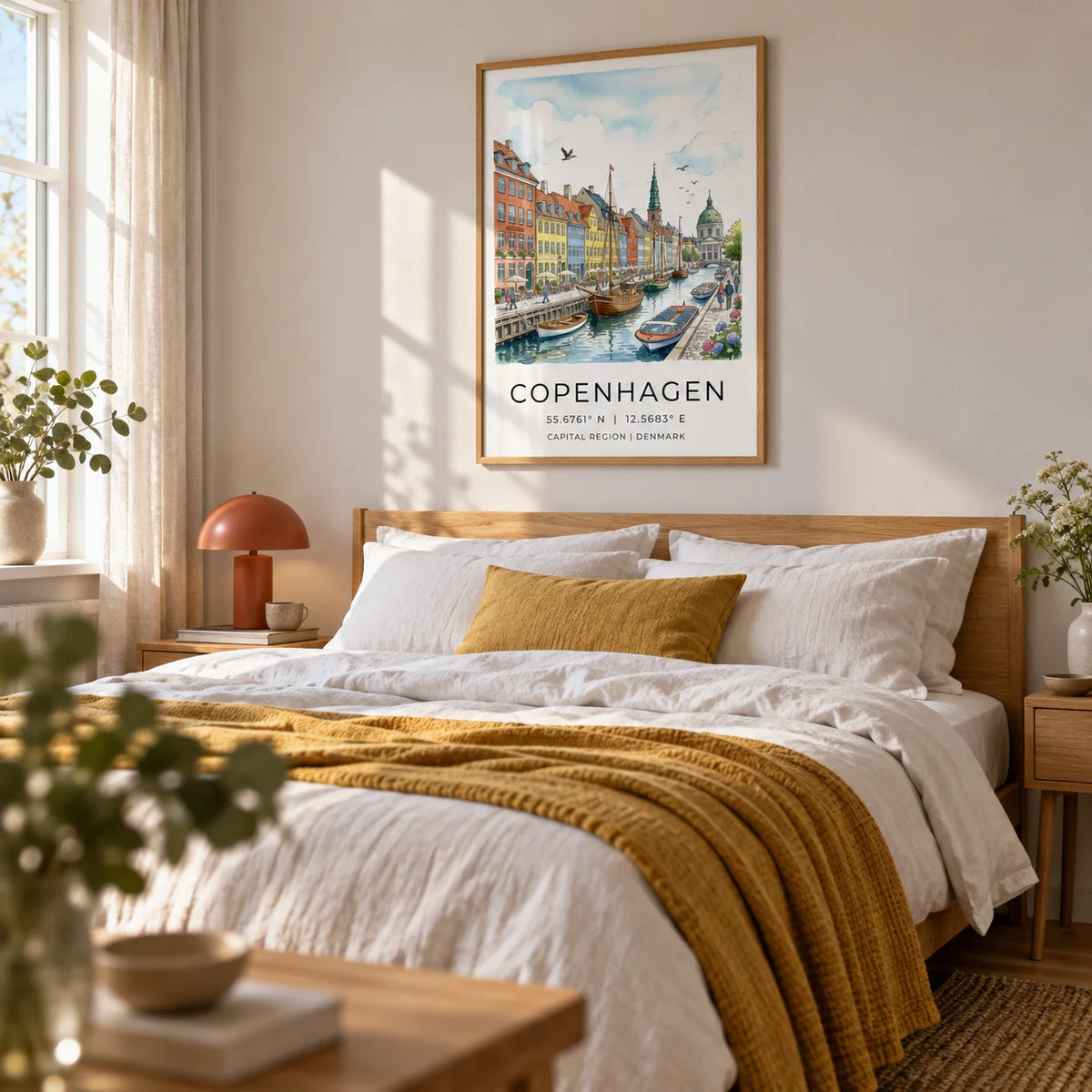 Copenhagen Canal Wall Art, framed on the wall of a calm Scandinavian bedroom