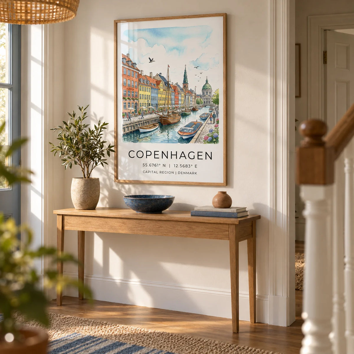 Copenhagen Canal Wall Art, framed on the wall of a characterful hallway