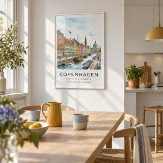 Copenhagen Canal Wall Art, framed on the wall of a Scandi kitchen-diner