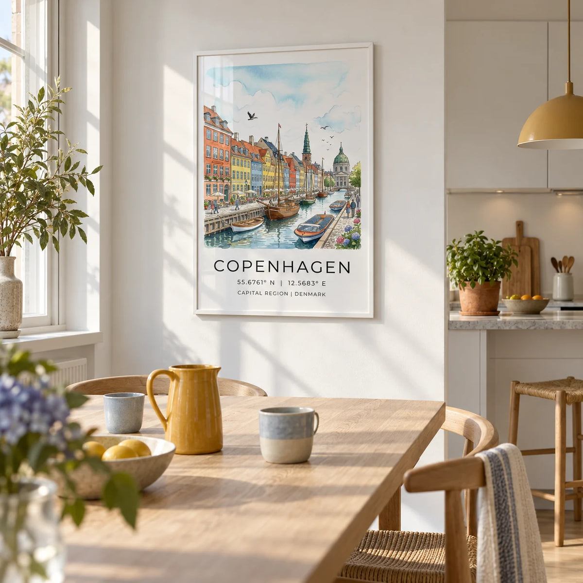 Copenhagen Canal Wall Art, framed on the wall of a Scandi kitchen-diner
