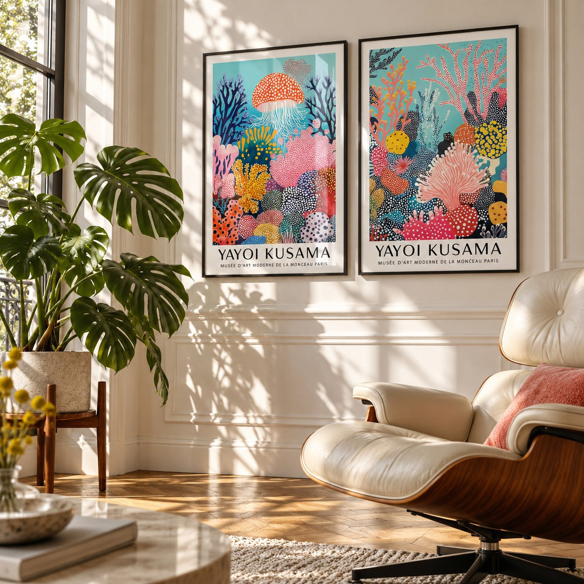 Coral Prints Set of 2 styled on a sunlit wall beside a cream leather lounge chair and a monstera: Coral Drift and Ocean Pulse shown framed side by side (frames not included)