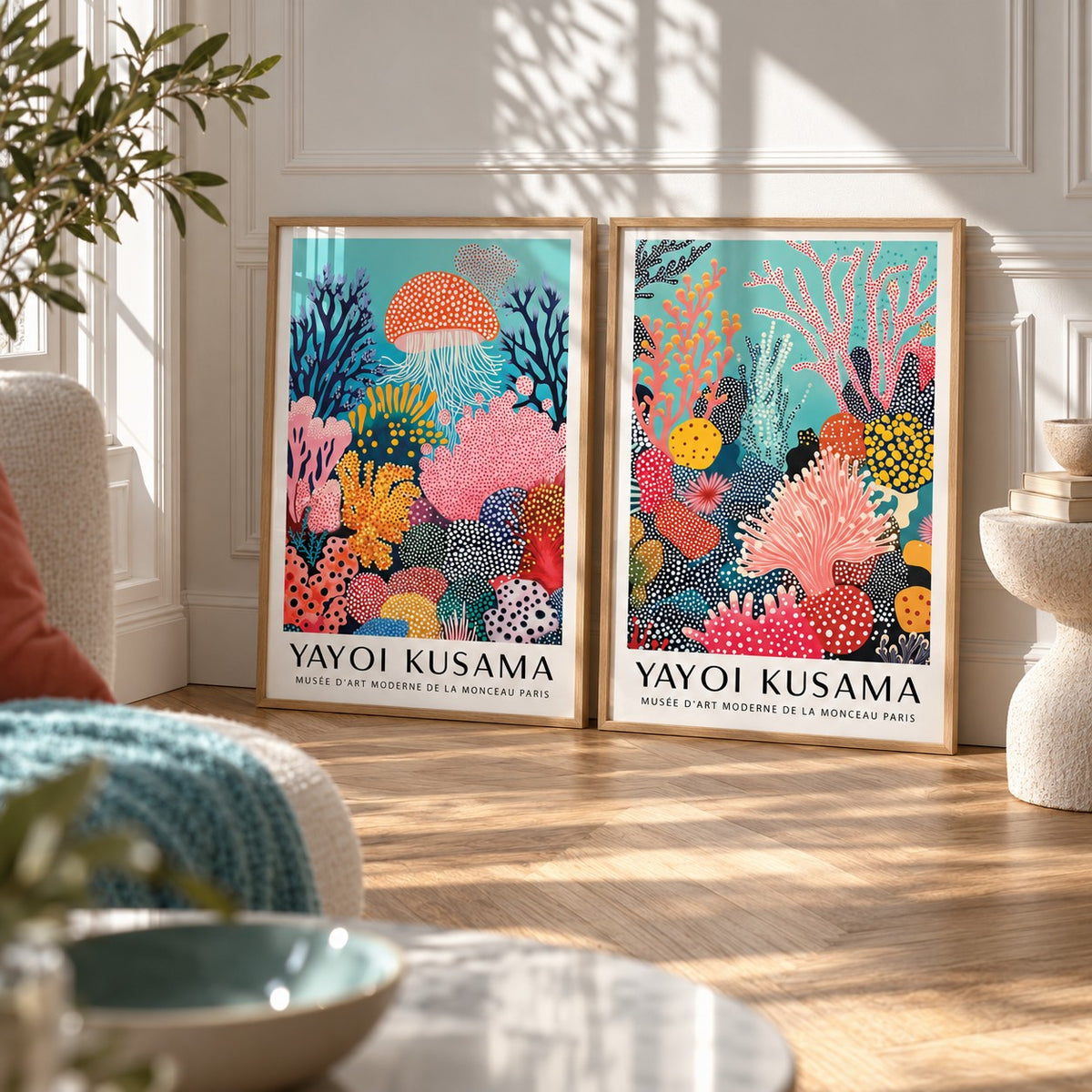 Coral Prints Set of 2 styled leaning against a white panelled wall on herringbone parquet: Coral Drift and Ocean Pulse shown framed side by side (frames not included)