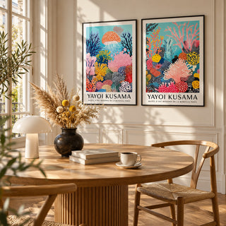Coral Prints Set of 2 styled above a round fluted oak dining table with a mushroom lamp: Coral Drift and Ocean Pulse shown framed side by side (frames not included)