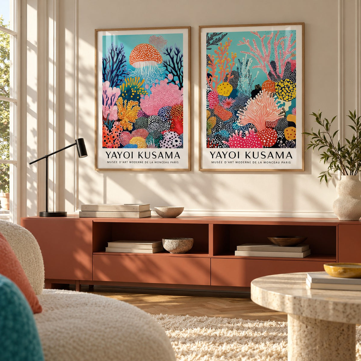 Coral Prints Set of 2 styled above a terracotta credenza in a warm minimal room: Coral Drift and Ocean Pulse shown framed side by side (frames not included)