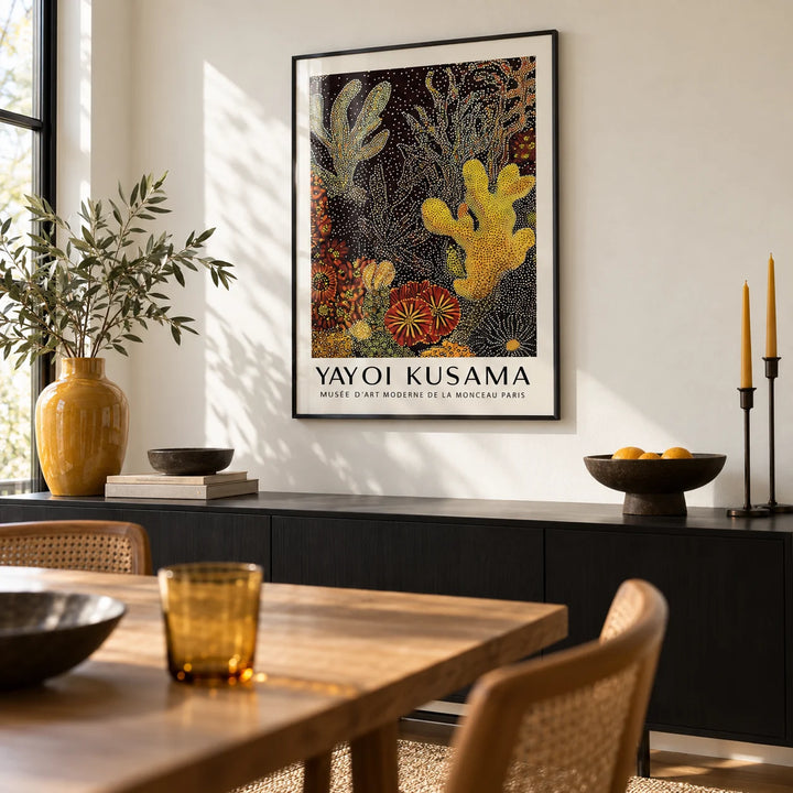 Coral Reef Art Abstract, framed on the wall of a modern dining room with a warm white wall