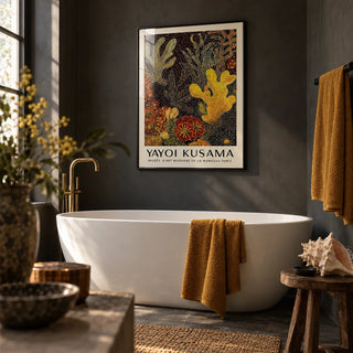 Coral Reef Art Abstract, framed on the wall of a moody bathroom with a charcoal wall and a white freestanding bath