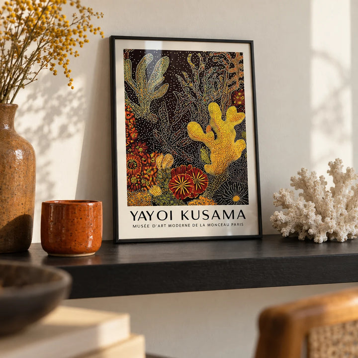 Coral Reef Art Abstract, a small A4 framed print leaning on a black shelf in a living room