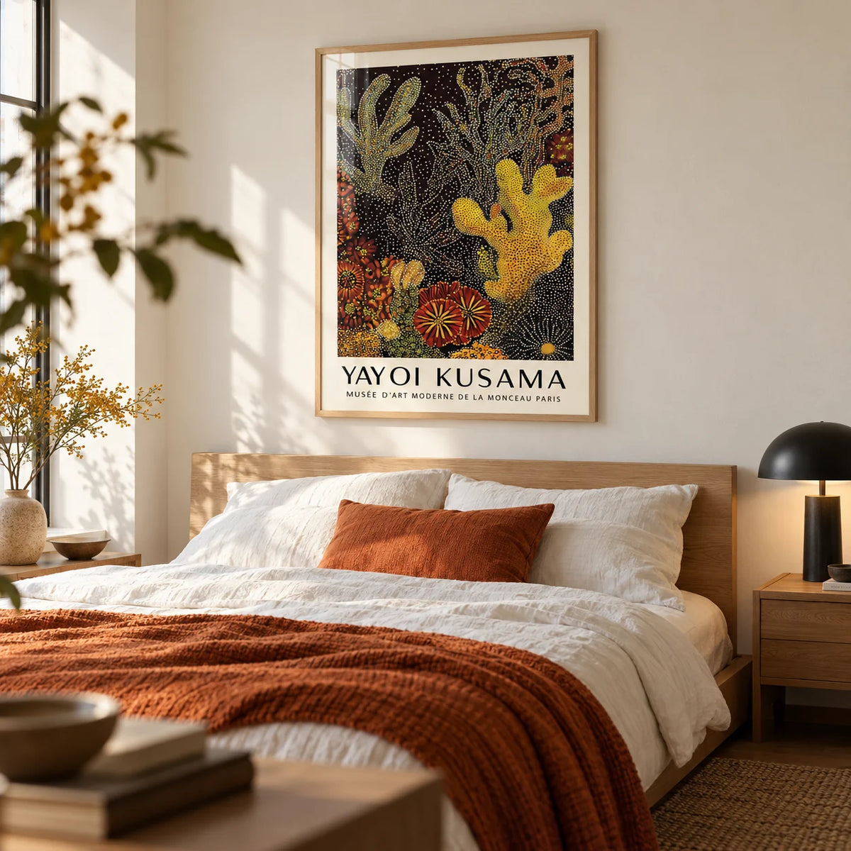 Coral Reef Art Abstract, framed on the wall of a warm modern bedroom with a soft cream wall