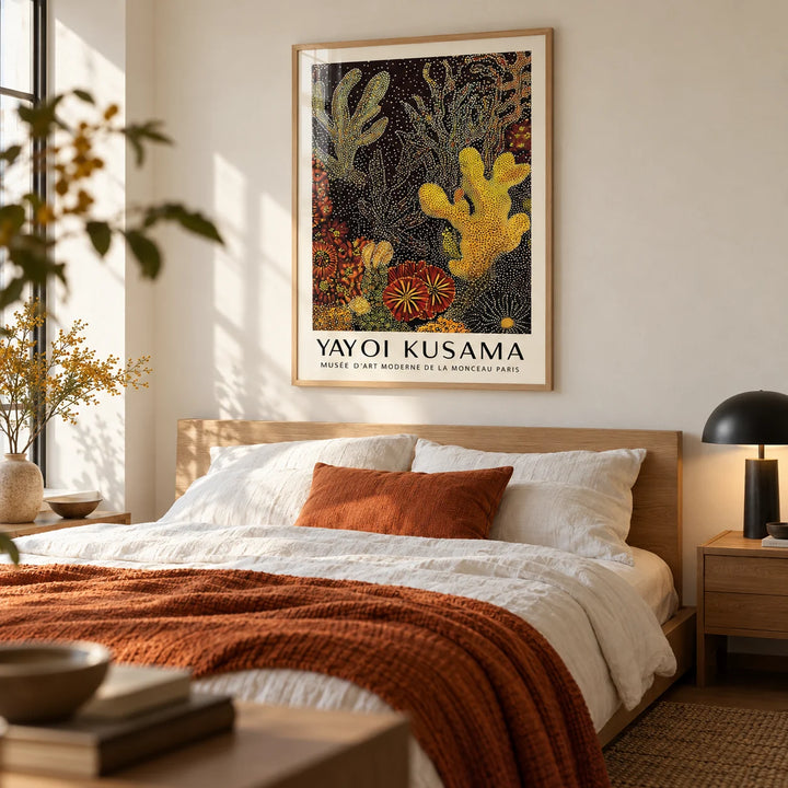 Coral Reef Art Abstract, framed on the wall of a warm modern bedroom with a soft cream wall