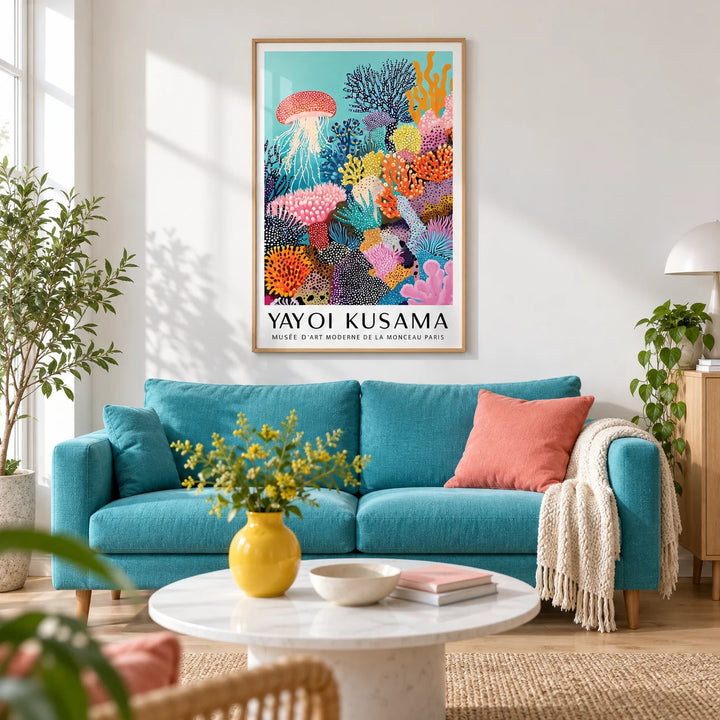 Coral Reef Art, framed on the wall of a bright modern living room with a crisp white wall and a pale oak floor