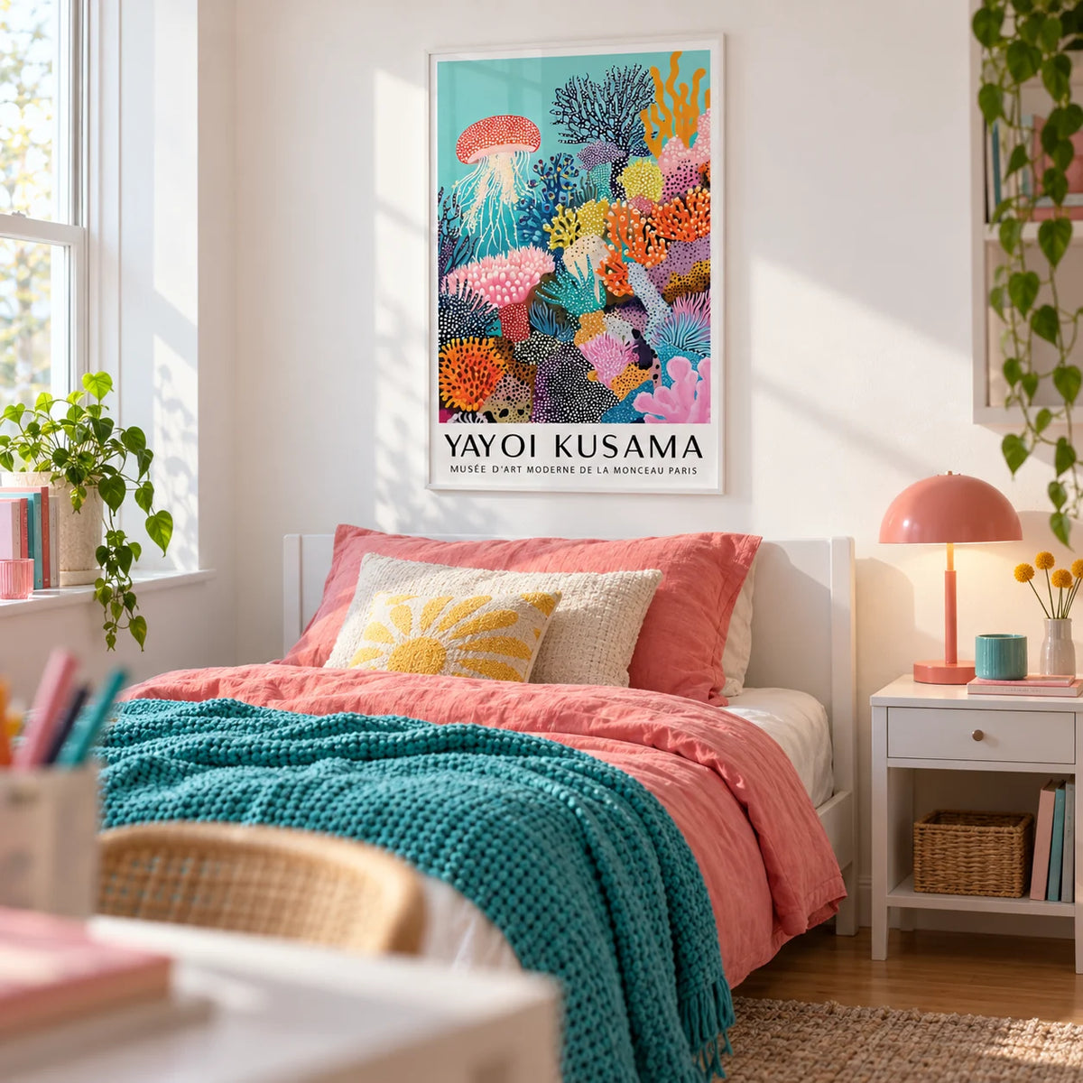 Coral Reef Art, framed on the wall of a bright single bedroom for a teen girl (13-17) with a white wall