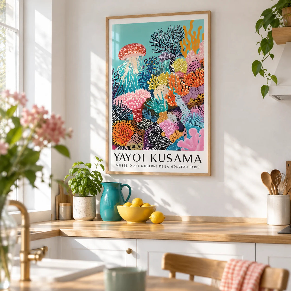 Coral Reef Art, framed on the wall of a bright white kitchen with an oak worktop
