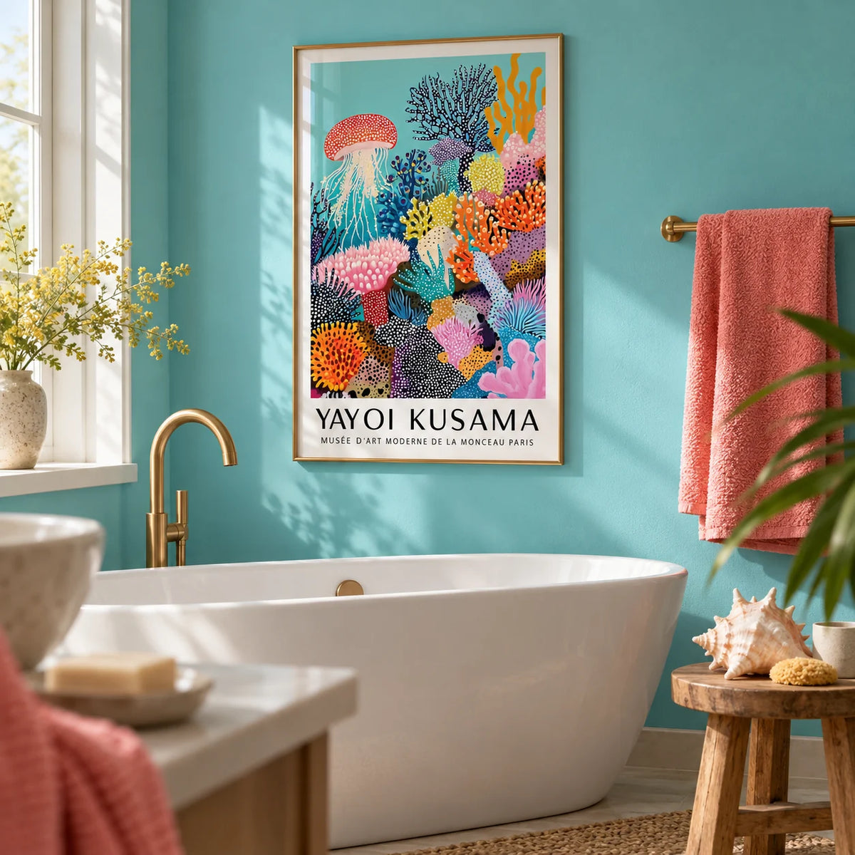 Coral Reef Art, framed on the wall of a fresh bathroom with a turquoise painted wall and a white freestanding bath