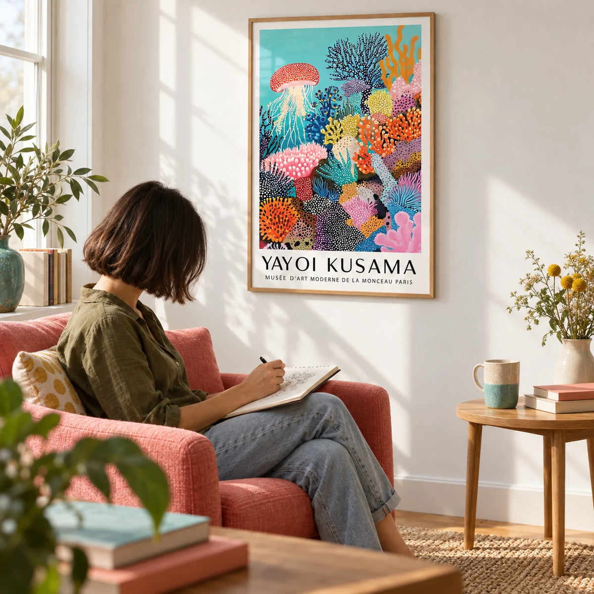 Coral Reef Art, framed on the wall of a sunny reading corner with a white wall in a living room
