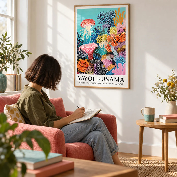 Coral Reef Art, framed on the wall of a sunny reading corner with a white wall in a living room