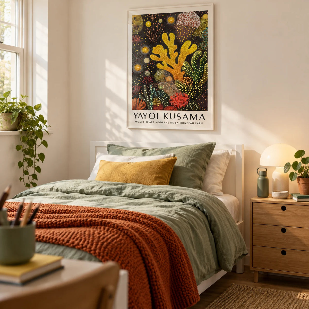 Coral Reef Painting, framed on the wall of a bright single bedroom for a teen (13-17) with a warm white wall