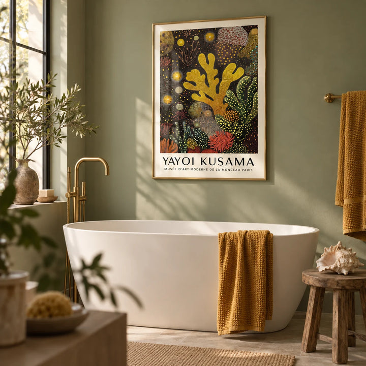 Coral Reef Painting, framed on the wall of a calm bathroom with a sage green painted wall and a white freestanding bath