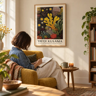 Coral Reef Painting, framed on the wall of a cosy reading corner with a warm cream wall in a living room