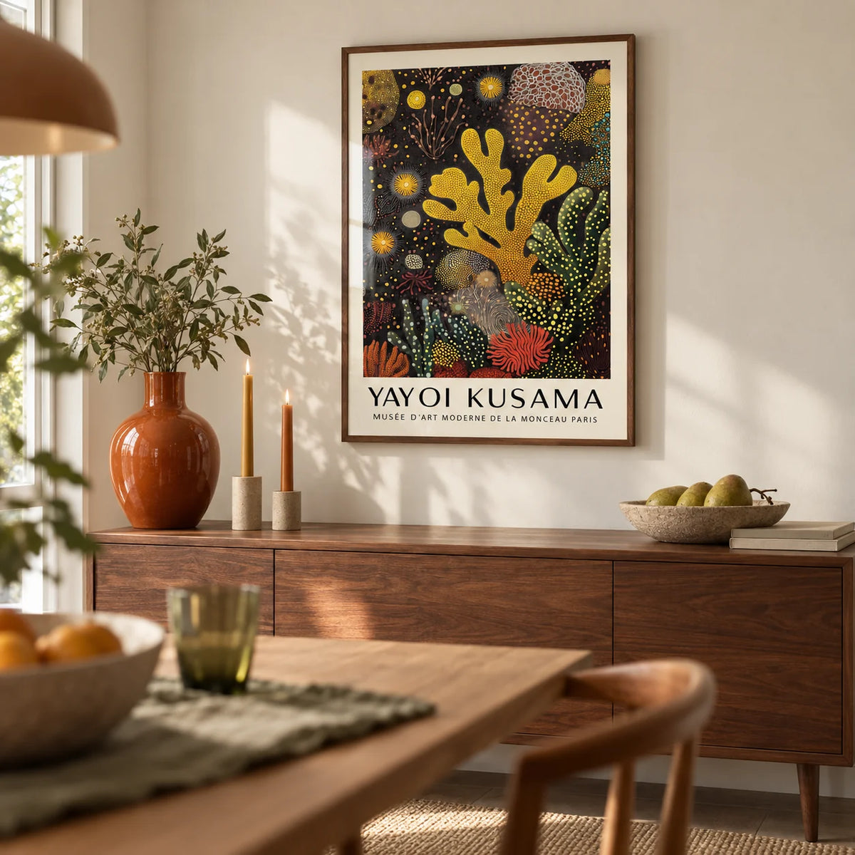 Coral Reef Painting, framed on the wall of a modern dining room with a warm white wall