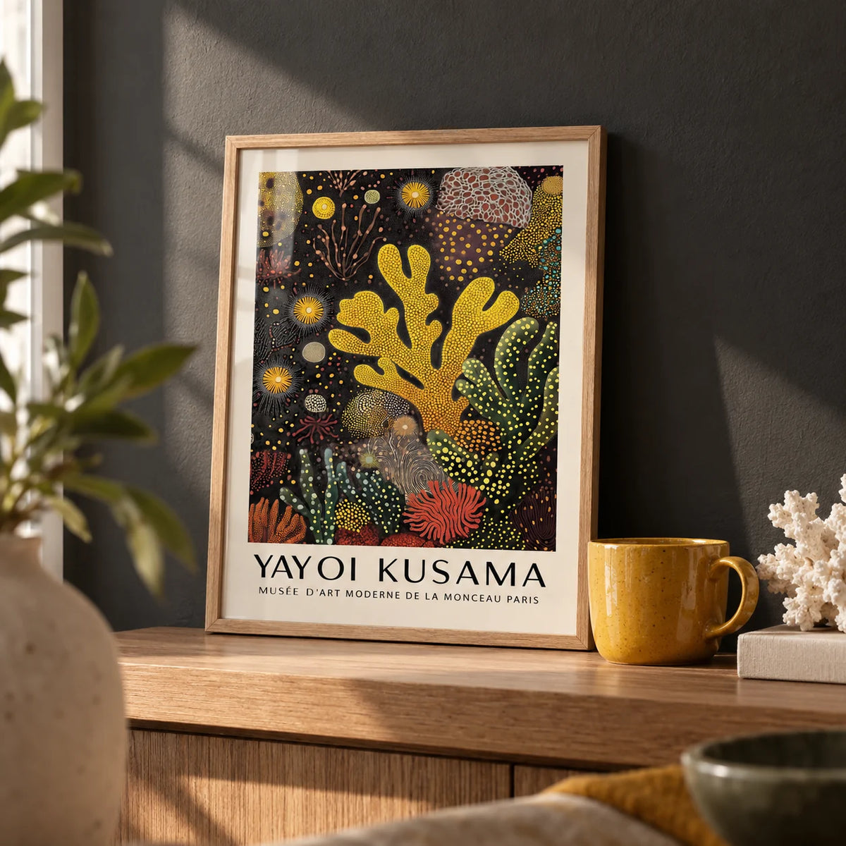 Coral Reef Painting, a small A4 framed print leaning on an oak shelf in a living room
