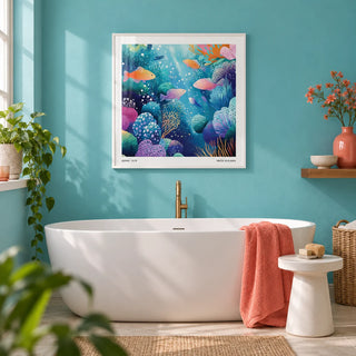 Coral Reef Wall Art, framed on the wall of a bright bathroom with a turquoise painted wall