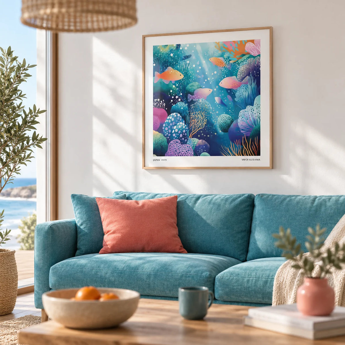 Coral Reef Wall Art, framed on the wall of a bright coastal living room with a white wall
