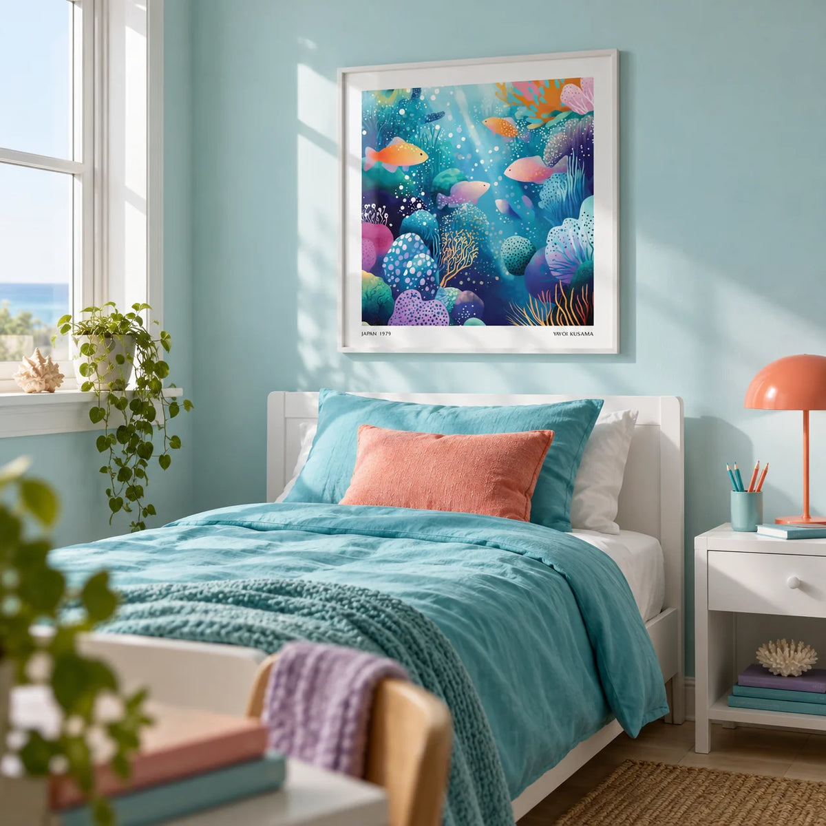Coral Reef Wall Art, framed on the wall of a bright single bedroom for a teen (13-17) who loves the sea