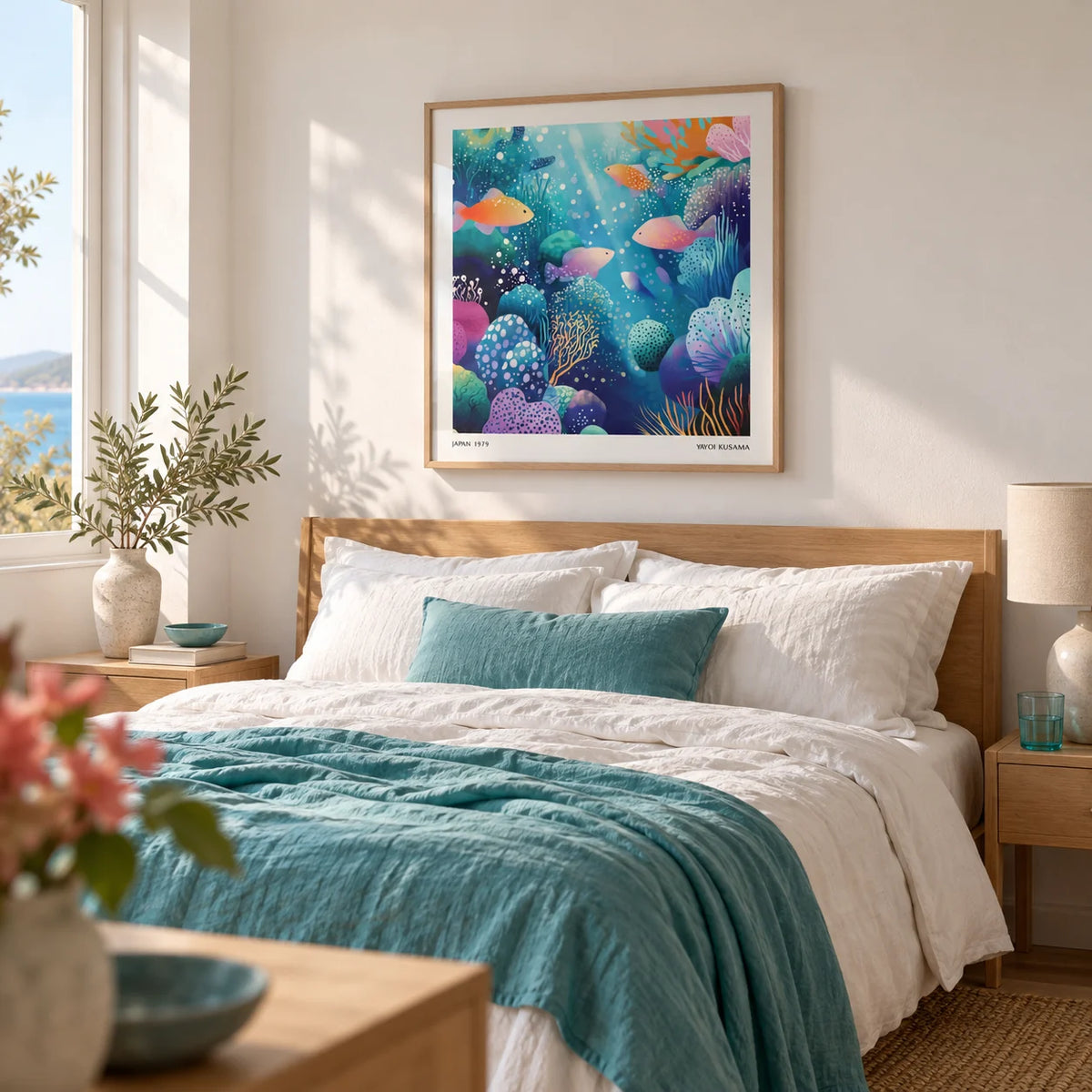 Coral Reef Wall Art, framed on the wall of a calm coastal bedroom with a soft white wall