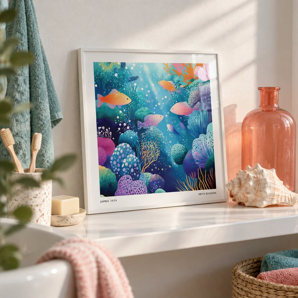 Coral Reef Wall Art, a small A4 framed print leaning on a white bathroom shelf