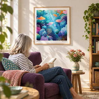 Coral Reef Wall Art, framed on the wall of a sunny reading corner with a white wall in a living room