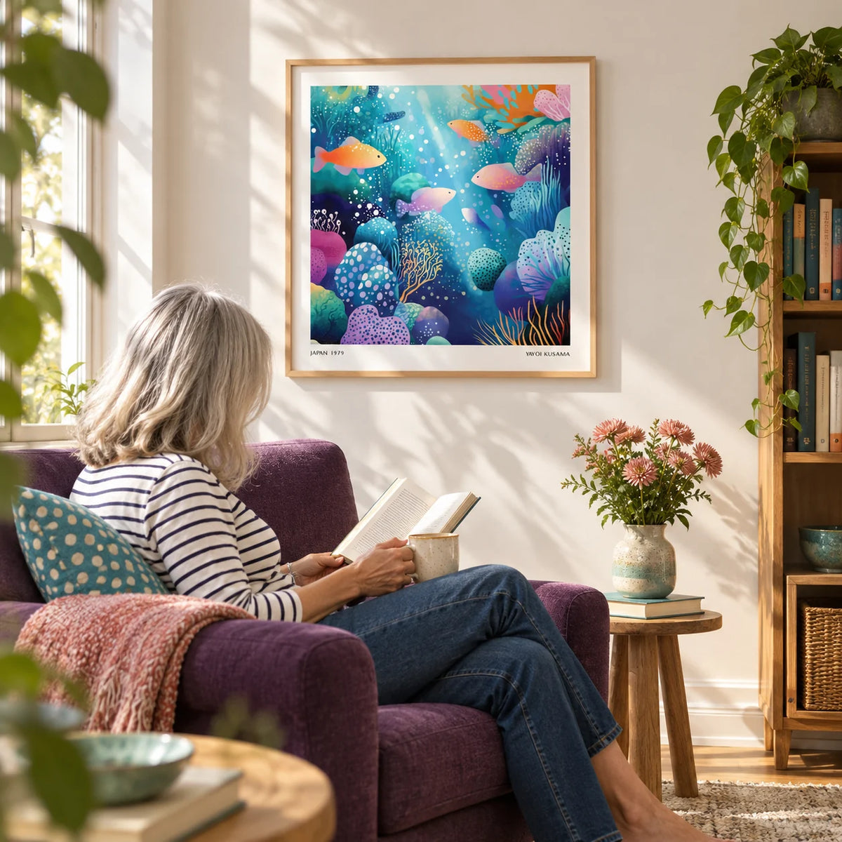 Coral Reef Wall Art, framed on the wall of a sunny reading corner with a white wall in a living room