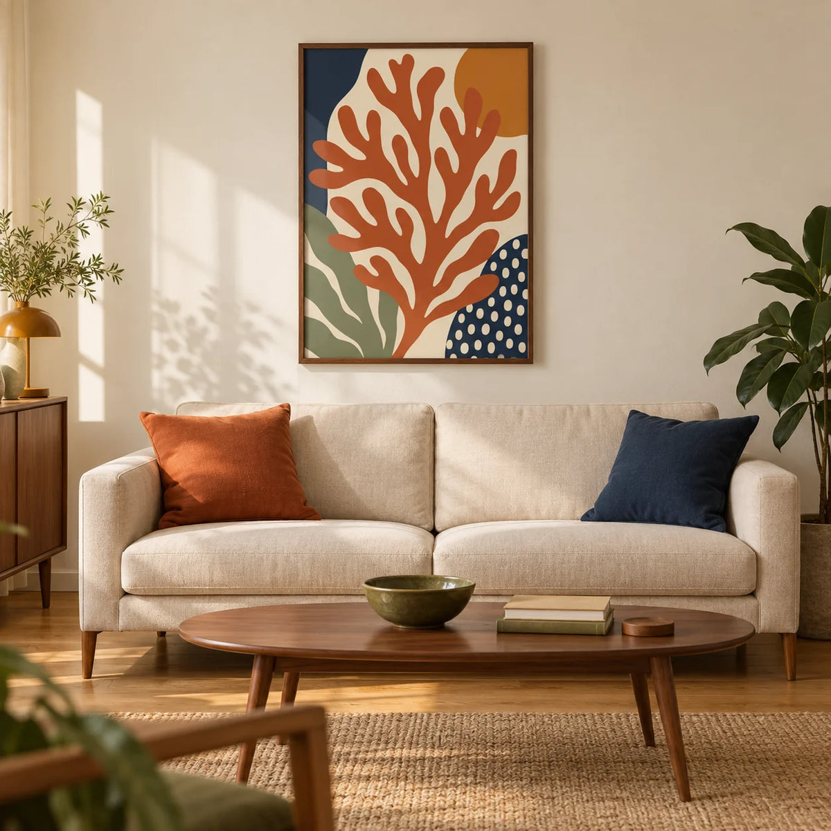 Coral Wall Art, framed on the wall of a mid-century living room in a UK flat with warm ivory walls
